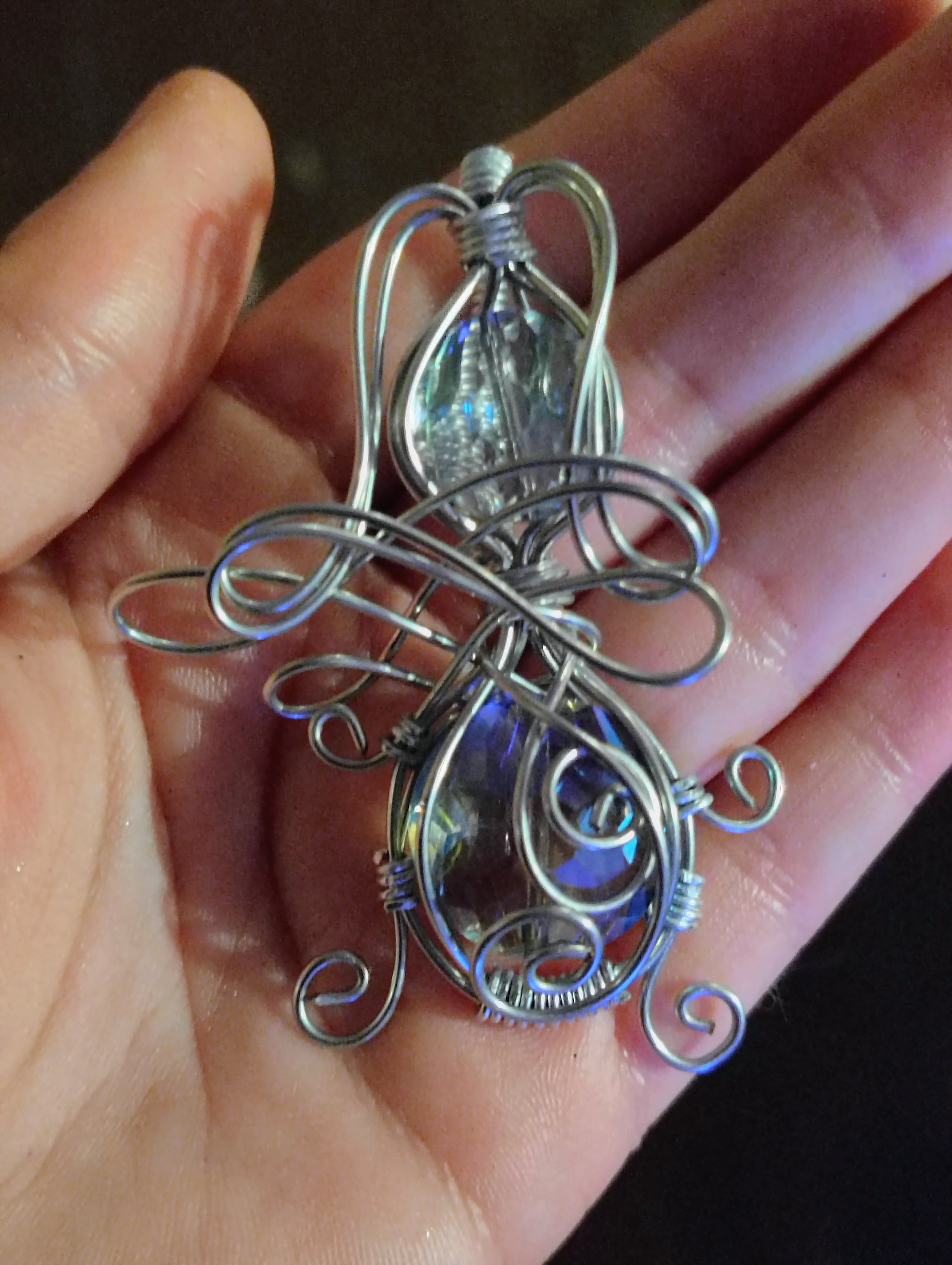 Silver Toned Wire Wrapped Glass Bead Pendant